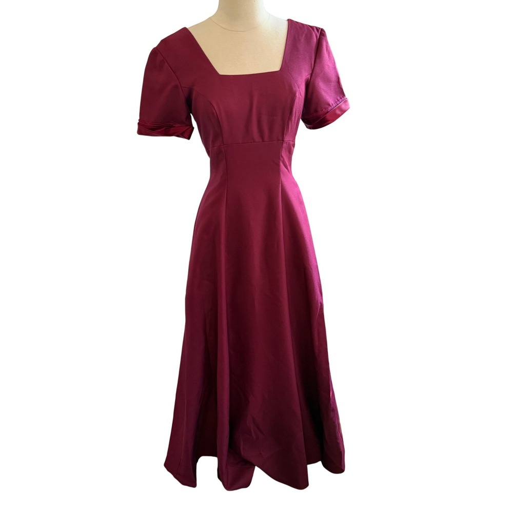 Vintage Burgundy Square Neck Maxi Dress Satin Bow Back Union‎ Made USA Size 4